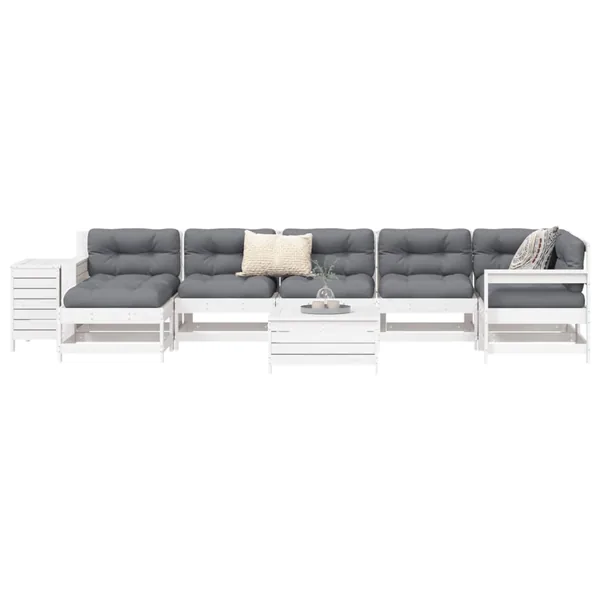 Salon de jardin 9 pcs blanc bois de pin massif