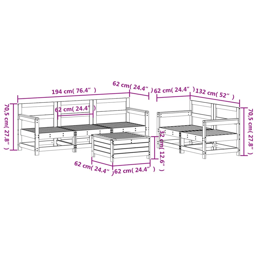 Salon de jardin 6 pcs blanc bois de pin massif - 9