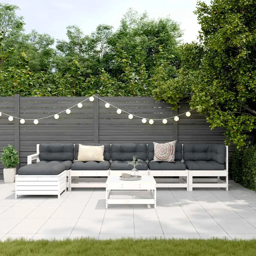 Salon de jardin 7 pcs Blanc Bois de pin massif - 3