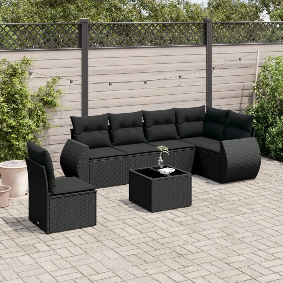 Salon de jardin 7 pcs avec coussins noir résine tressée 71 x 62 x 69 cm - 60,4 kg