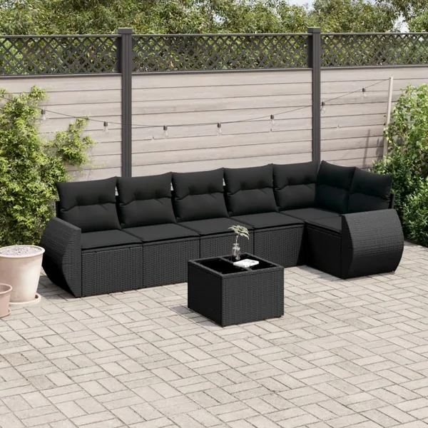 Salon de jardin 7 pcs avec coussins noir résine tressée 71 x 62 x 69 cm - 60,4 kg