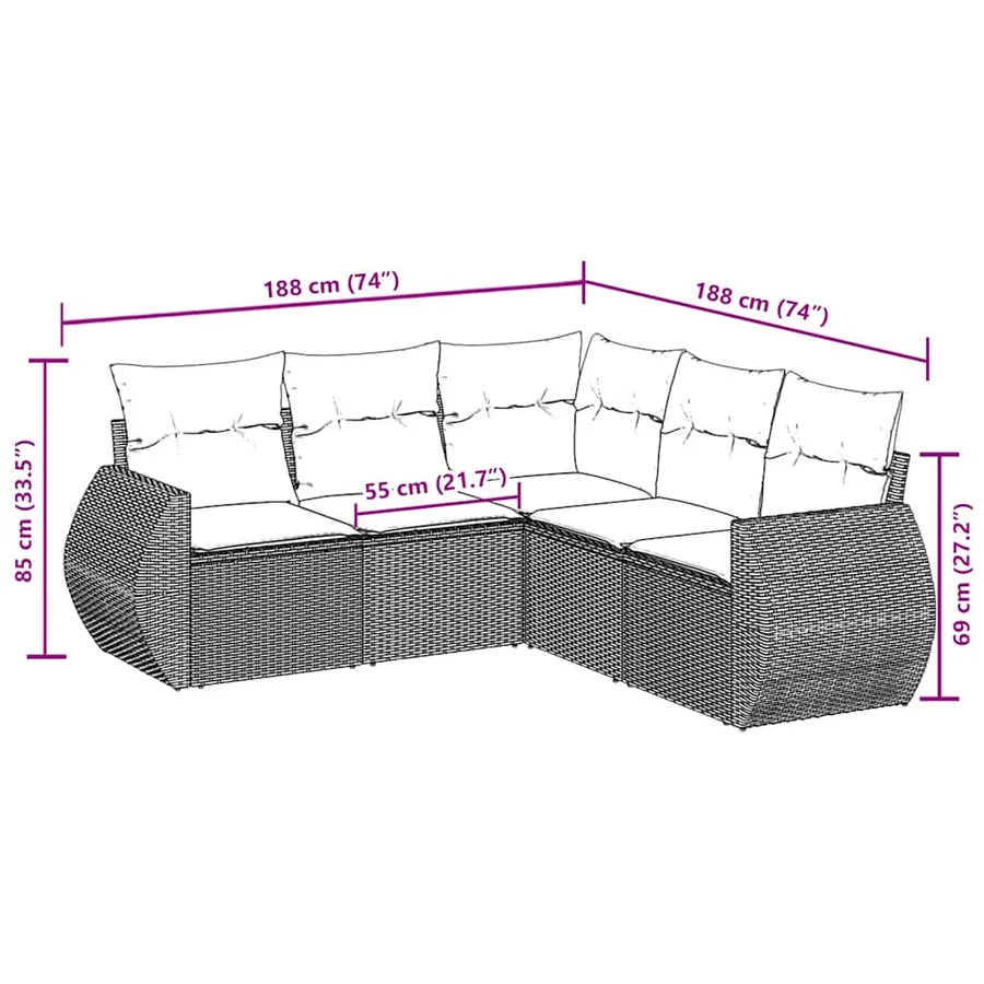 Salon de jardin 5 pcs avec coussins noir résine tressée - 3