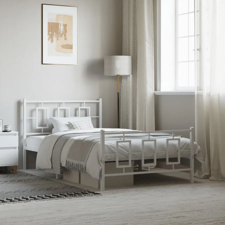 Cadre de lit métal sans matelas et pied de lit blanc 107x203 cm