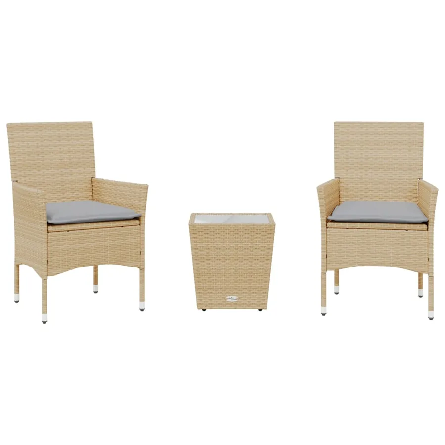 Ensemble de bistro avec coussins 3 pcs beige rotin et verre - 2