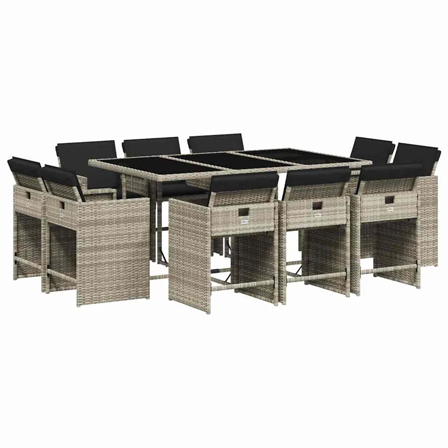 Ensemble à manger de jardin 11pcs avec coussins gris poly rotin - 2