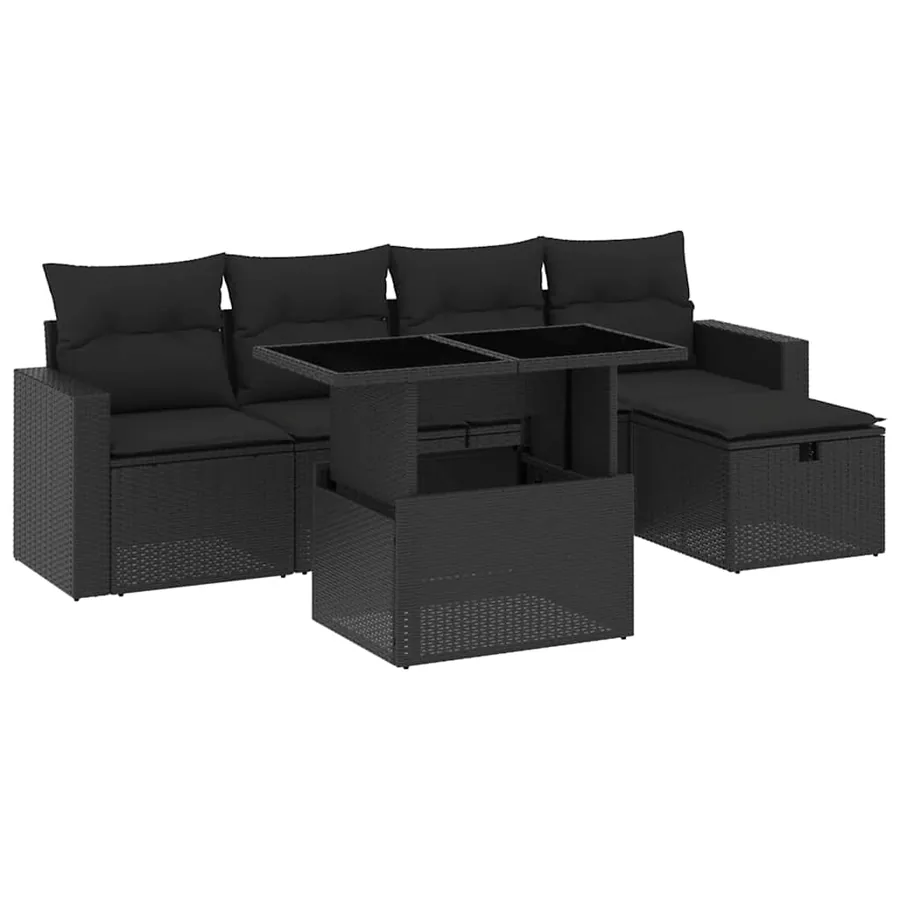 Salon de jardin 6 pcs avec coussins noir résine tressée - 2