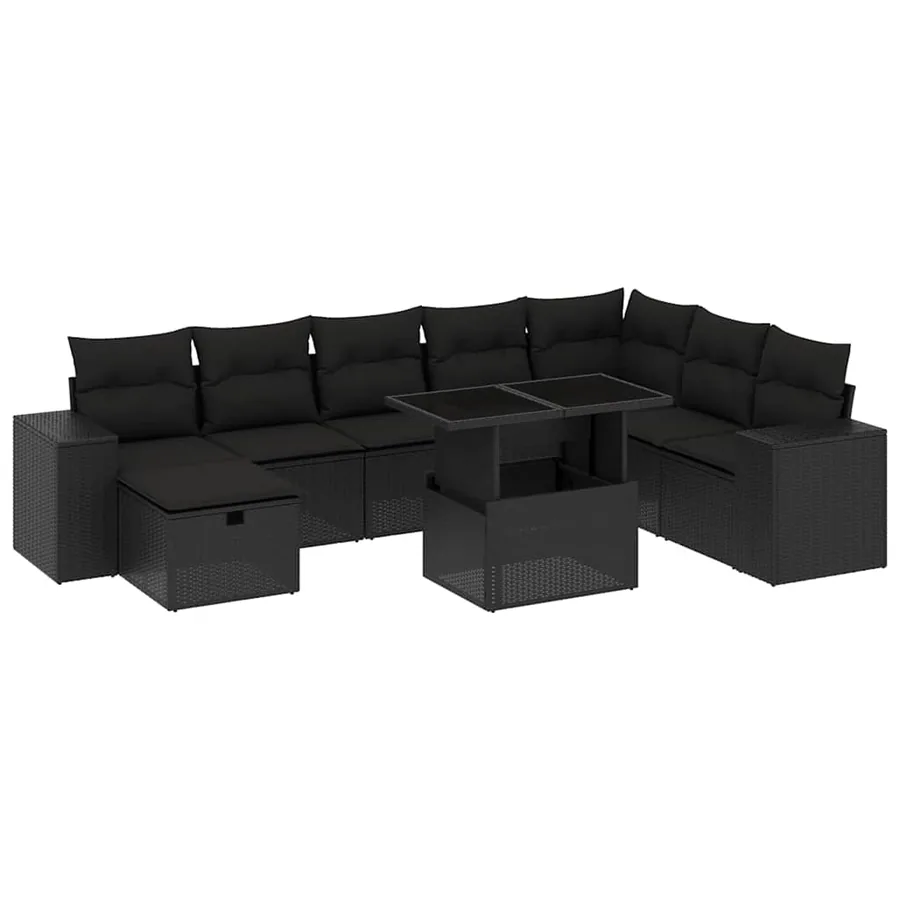 Salon de jardin 9 pcs avec coussins noir résine tressée - 2