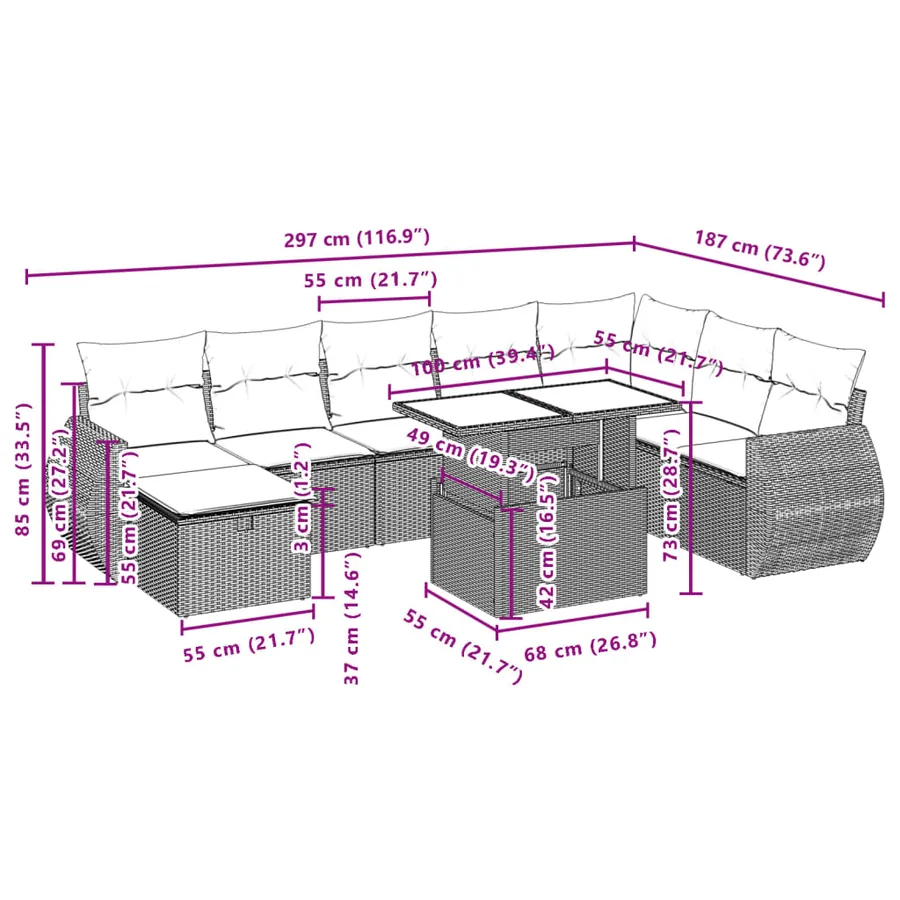 Salon de jardin 9 pcs avec coussins noir résine tressée - 13