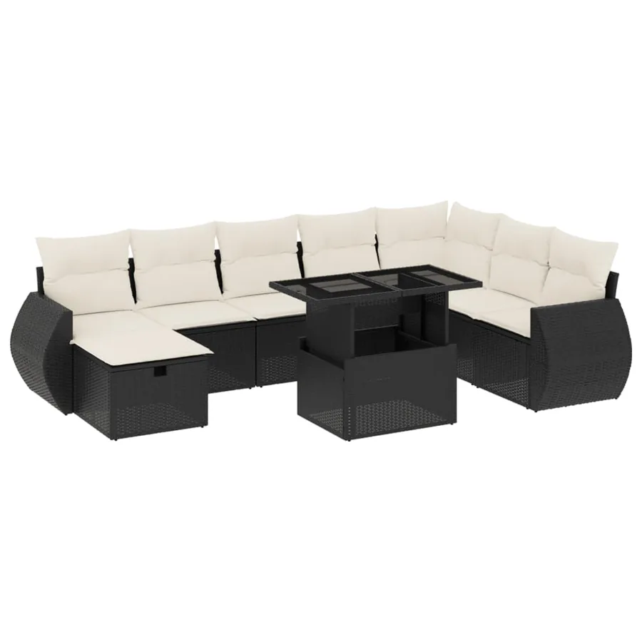 Salon de jardin 9 pcs avec coussins noir résine tressée - 2