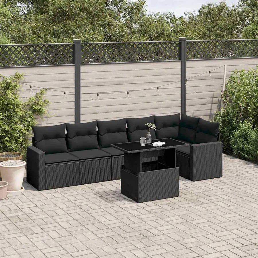 Salon de jardin 7 pcs avec coussins noir résine tressée 62 x 62 x 69 cm - 62,9 kg