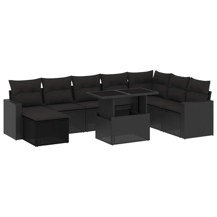 Salon de jardin 9 pcs avec coussins noir résine tressée - 2