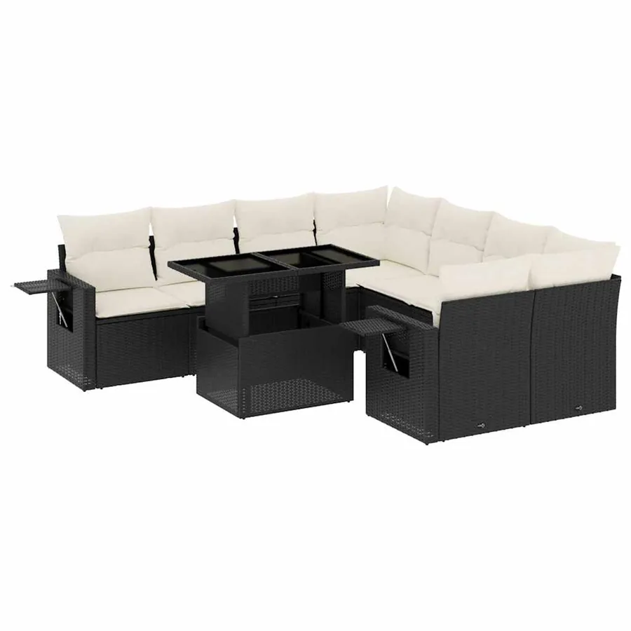 Salon de jardin 9 pcs avec coussins noir résine tressée - 2