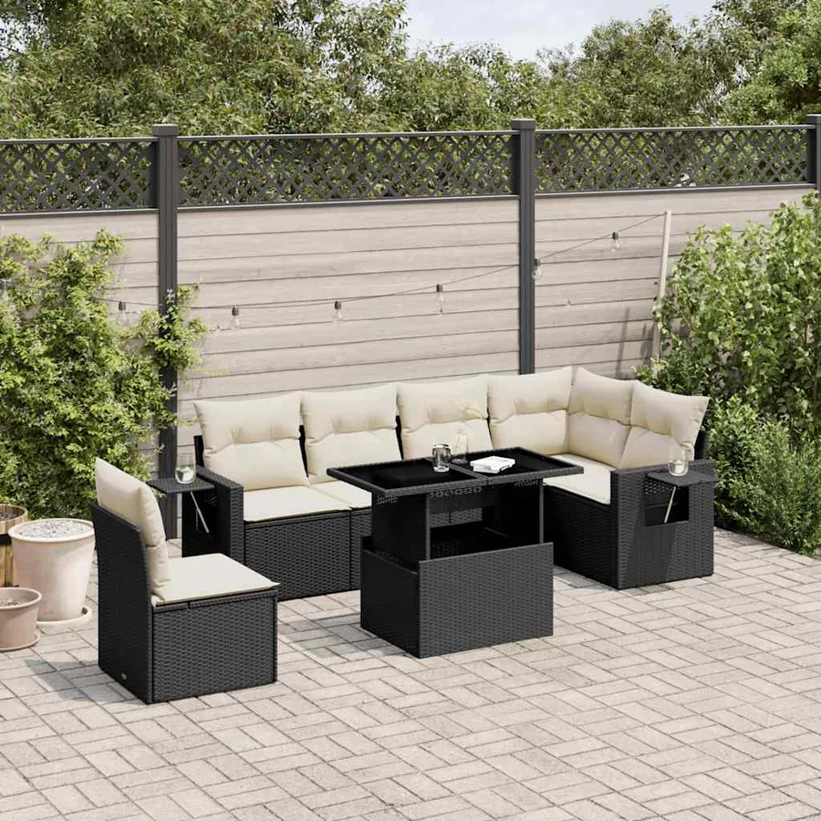 Salon de jardin 7 pcs avec coussins noir résine tressée 62 x 62 x 69 cm - 64,7 kg