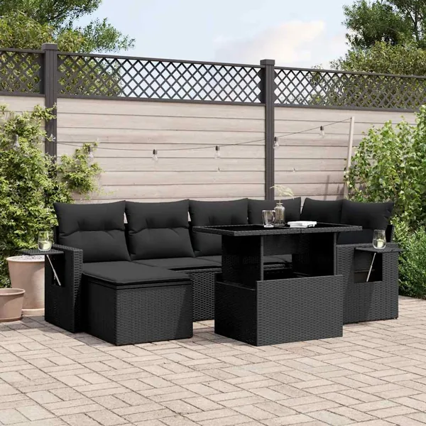 Salon de jardin 7 pcs avec coussins noir résine tressée 62 x 62 x 69 cm - 65,2 kg