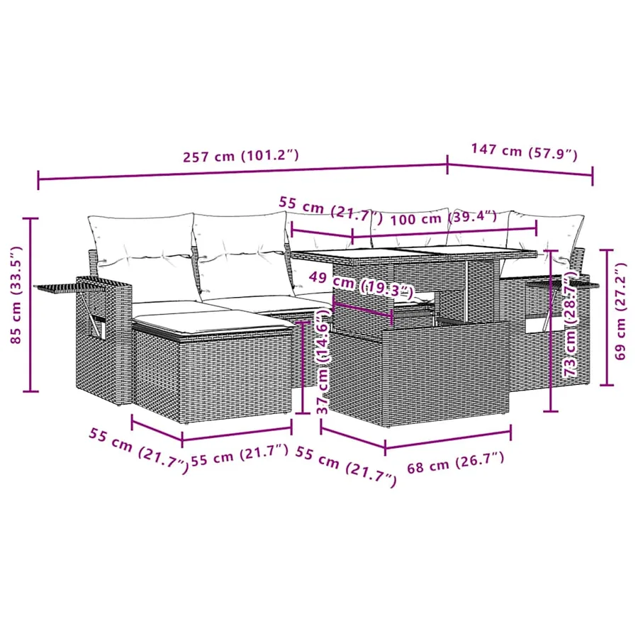 Salon de jardin 7 pcs avec coussins noir résine tressée 62 x 62 x 69 cm - 65,2 kg - 12