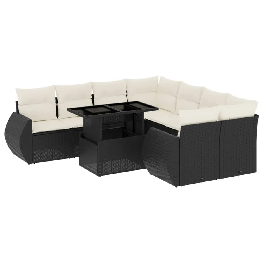 Salon de jardin 9 pcs avec coussins noir résine tressée - 2