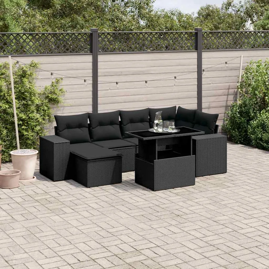 Salon de jardin 7 pcs avec coussins noir résine tressée 62 x 62 x 69 cm - 67,4 kg