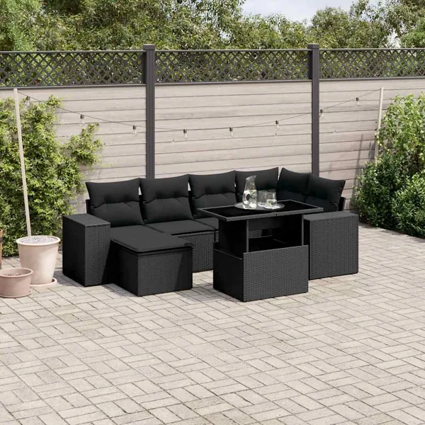 Salon de jardin 7 pcs avec coussins noir résine tressée 62 x 62 x 69 cm - 67,4 kg