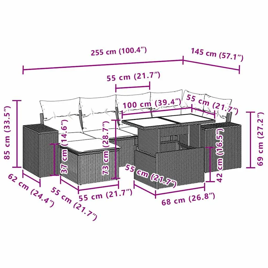 Salon de jardin 7 pcs avec coussins noir résine tressée 62 x 62 x 69 cm - 67,4 kg - 11