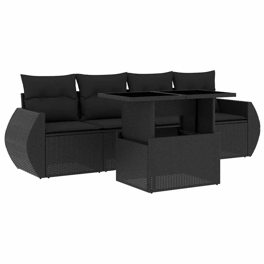 Salon de jardin 5 pcs avec coussins noir résine tressée - 2