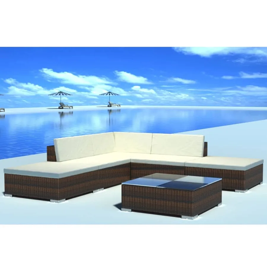 Salon de jardin 6 pcs avec coussins Résine tressée Marron