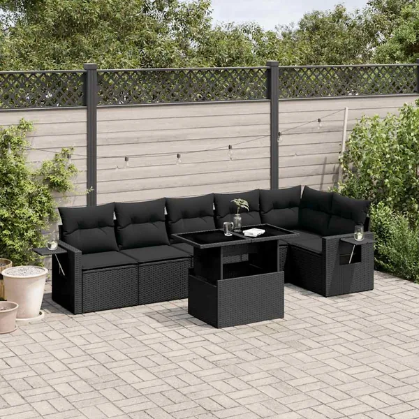 Salon de jardin 7 pcs avec coussins noir résine tressée 62 x 62 x 69 cm - 64,3 kg