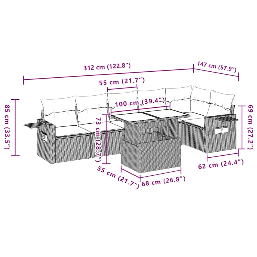 Salon de jardin 7 pcs avec coussins noir résine tressée 62 x 62 x 69 cm - 64,3 kg - 11