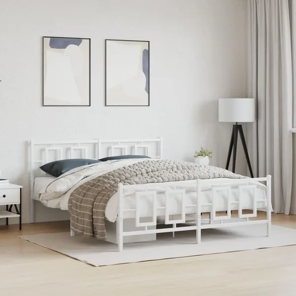 Cadre de lit métal sans matelas et pied de lit blanc 150x200 cm