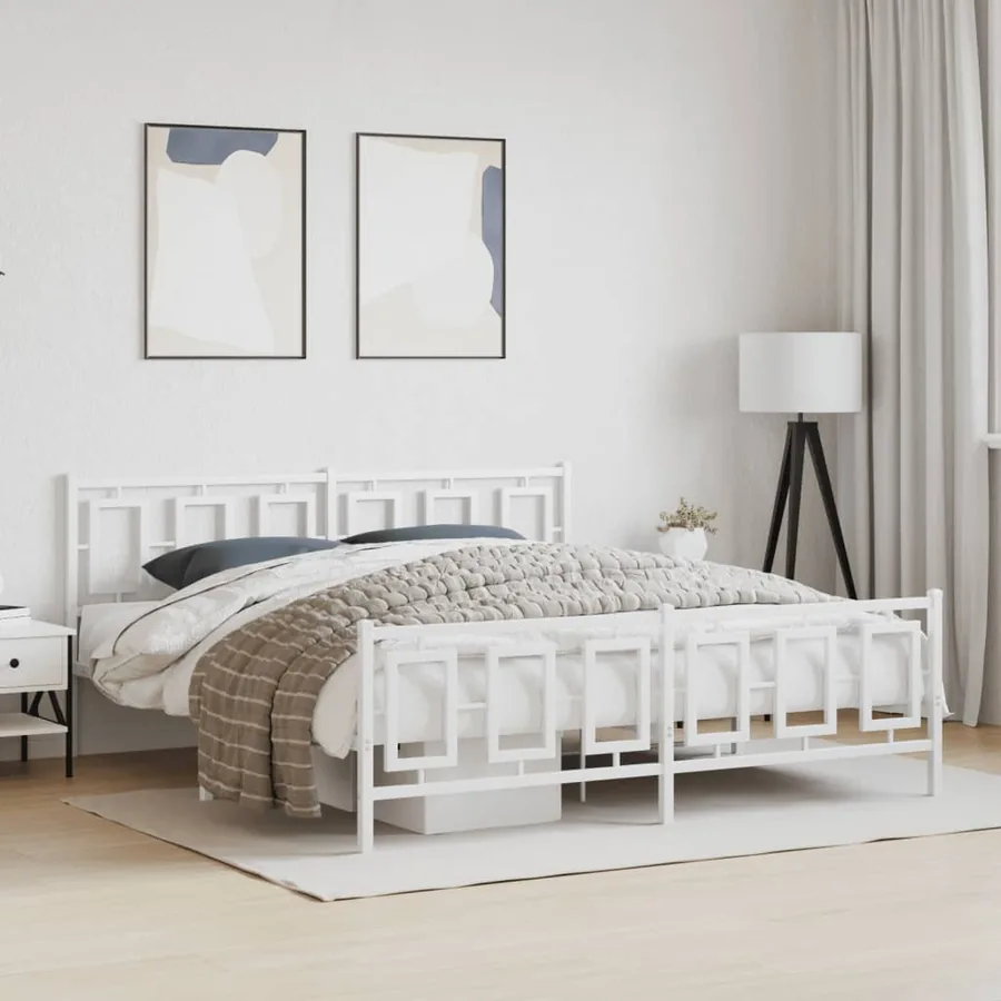 Cadre de lit métal sans matelas et pied de lit blanc 180x200 cm