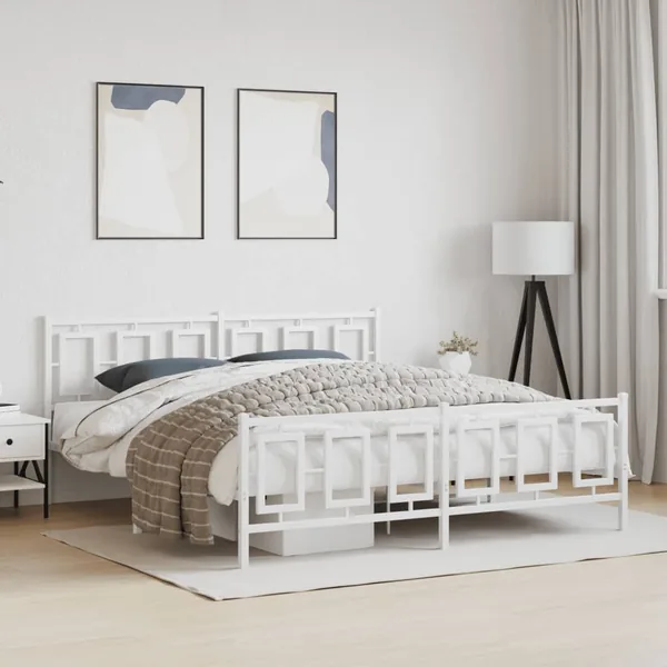 Cadre de lit métal sans matelas et pied de lit blanc 180x200 cm
