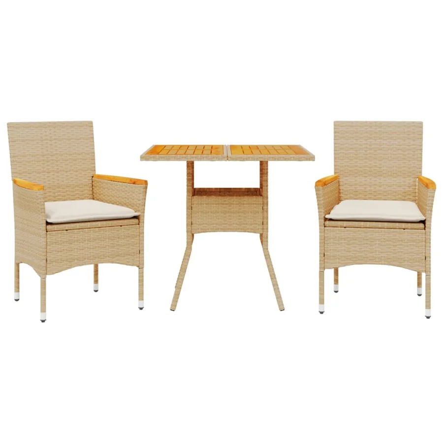 Ensemble à manger de jardin et coussins 3pcs beige rotin acacia - 2