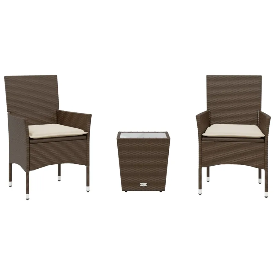 Ensemble de bistro avec coussins 3 pcs marron rotin et verre - 2