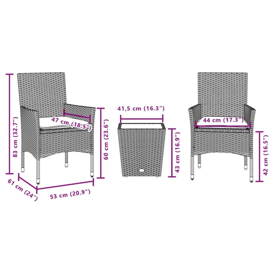 Ensemble de bistro avec coussins 3 pcs marron rotin et verre - 7