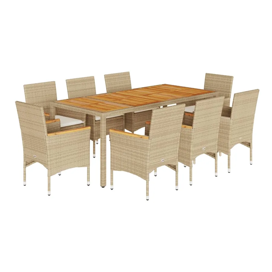 Ensemble à manger de jardin et coussins 9pcs beige rotin acacia - 2