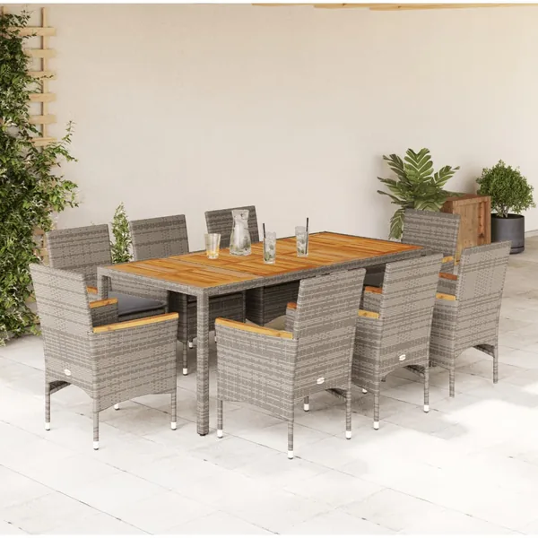 Ensemble à manger de jardin et coussins 9 pcs gris rotin acacia