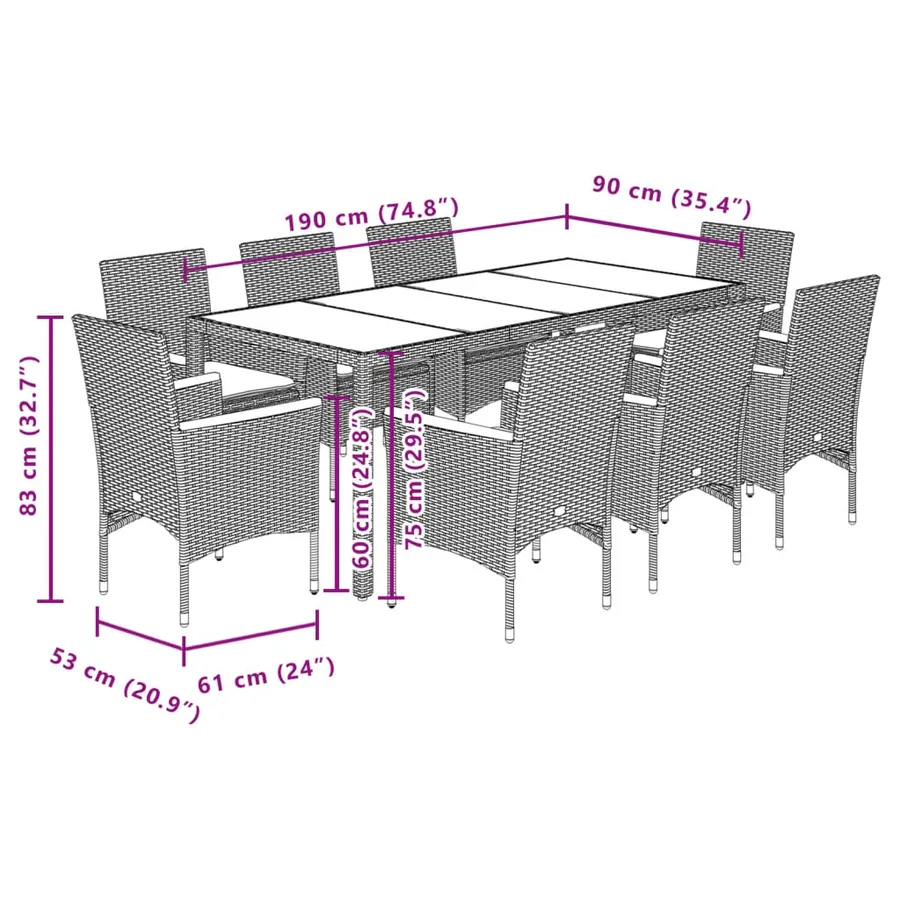 Ensemble à manger de jardin et coussins 9 pcs gris rotin acacia - 7