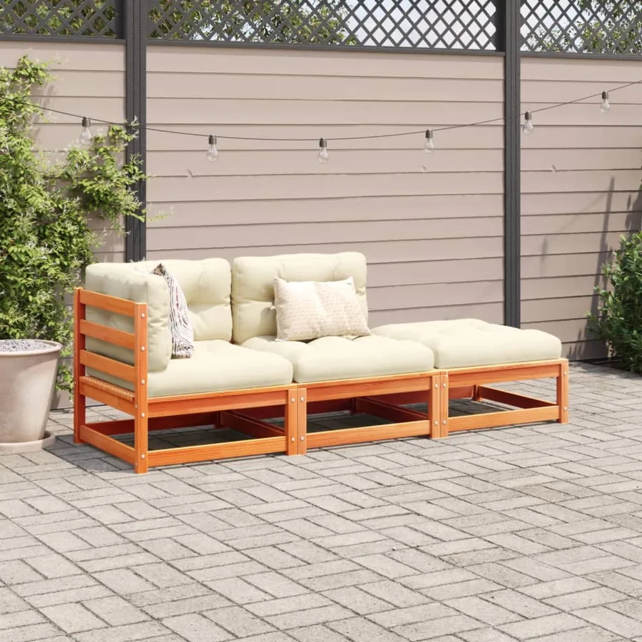 Salon de jardin 3 pcs avec coussins cire marron bois pin massif - 3