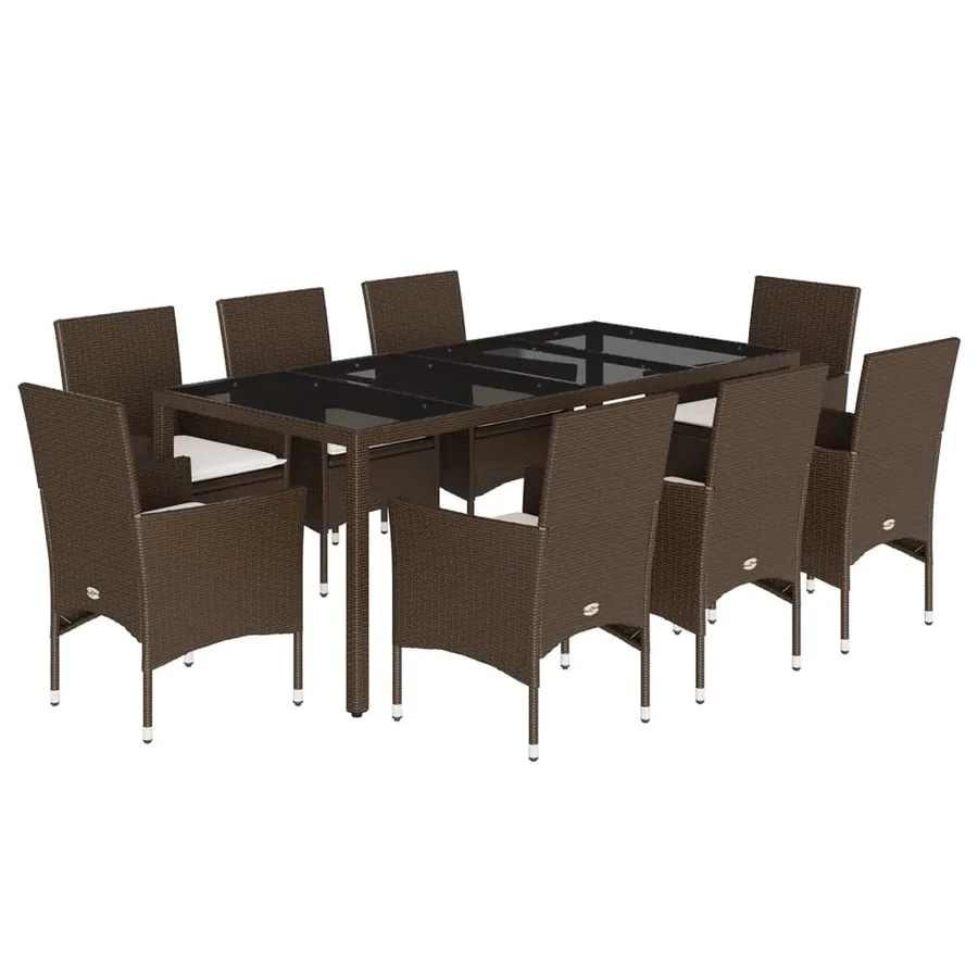 Ensemble à manger de jardin et coussins 9pcs marron rotin verre - 2