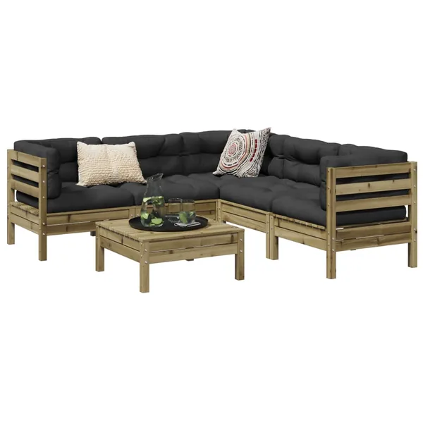 Salon de jardin 6 pcs avec coussins bois de pin imprégné