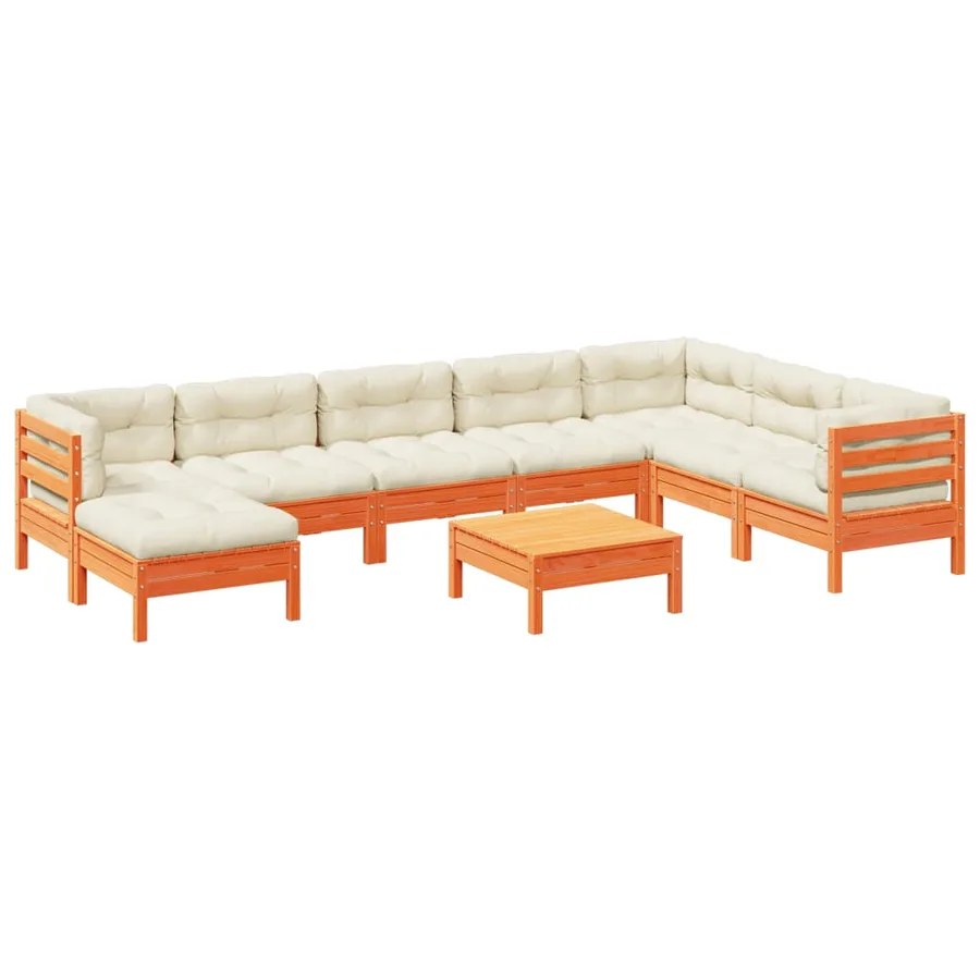 Salon de jardin 9 pcs avec coussins marron cire bois pin massif - 2