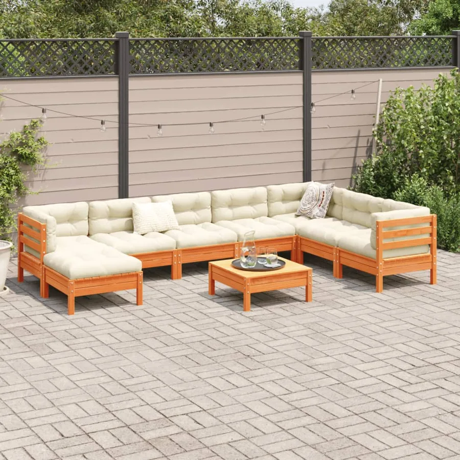 Salon de jardin 9 pcs avec coussins marron cire bois pin massif - 3