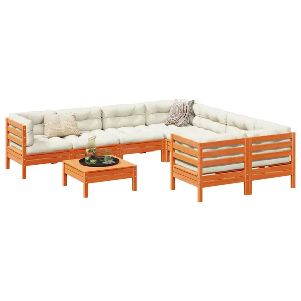 Salon de jardin 9 pcs avec coussins marron cire bois pin massif