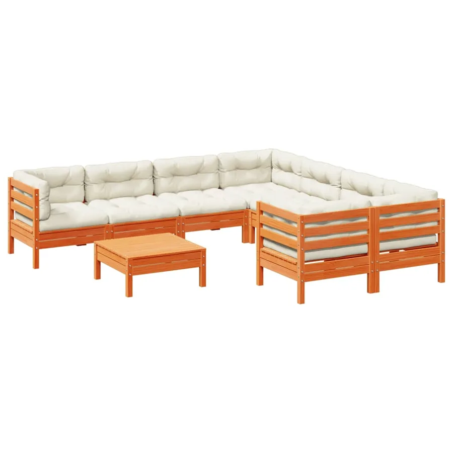Salon de jardin 9 pcs avec coussins marron cire bois pin massif - 2