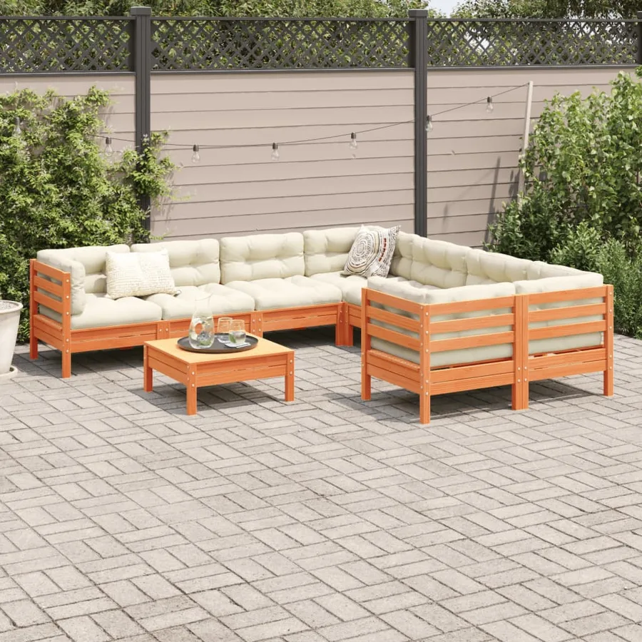 Salon de jardin 9 pcs avec coussins marron cire bois pin massif - 3
