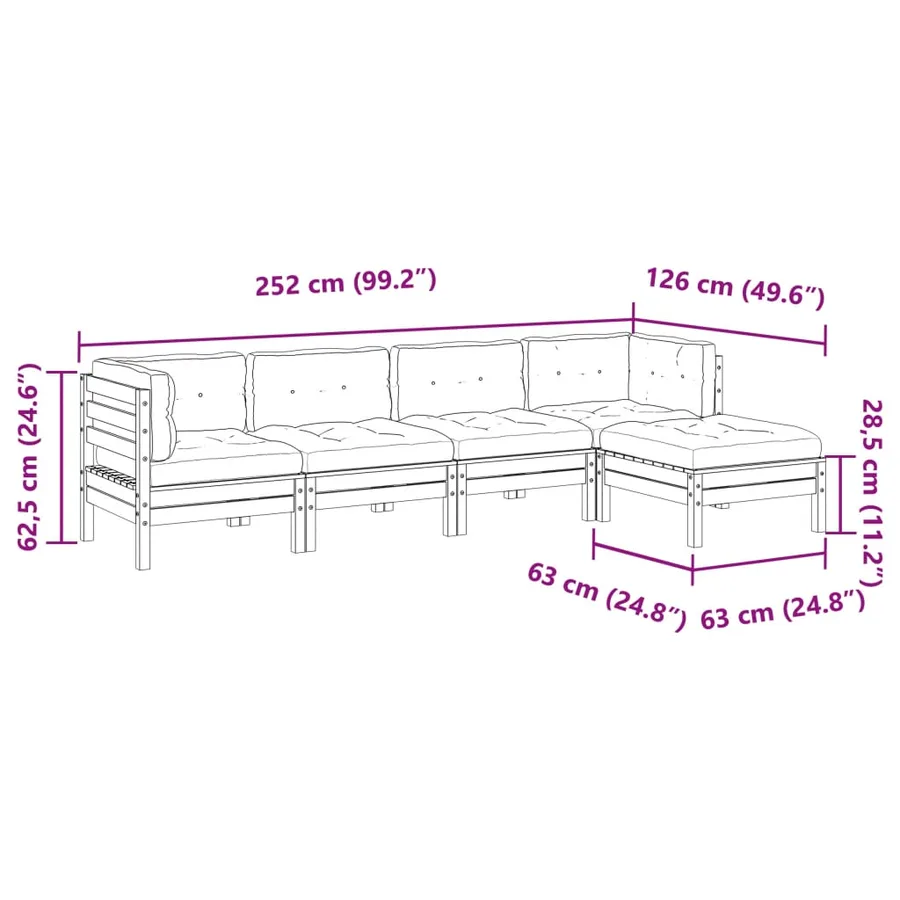 Salon de jardin 5 pcs avec coussins bois de pin imprégné - 12