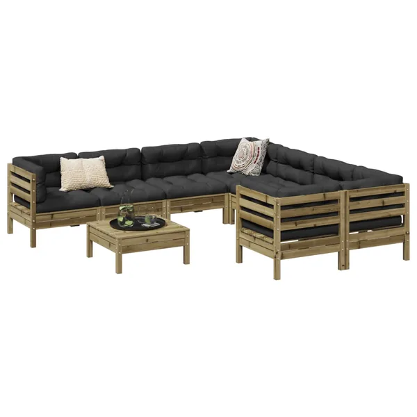 Salon de jardin 9 pcs avec coussins bois de pin imprégné