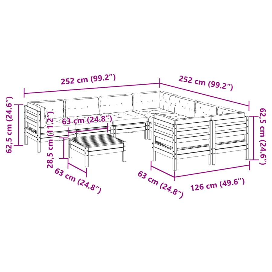Salon de jardin 9 pcs avec coussins bois de pin imprégné - 12