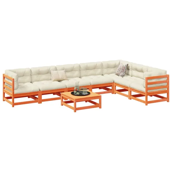 Salon de jardin 8 pcs avec coussins marron cire bois pin massif