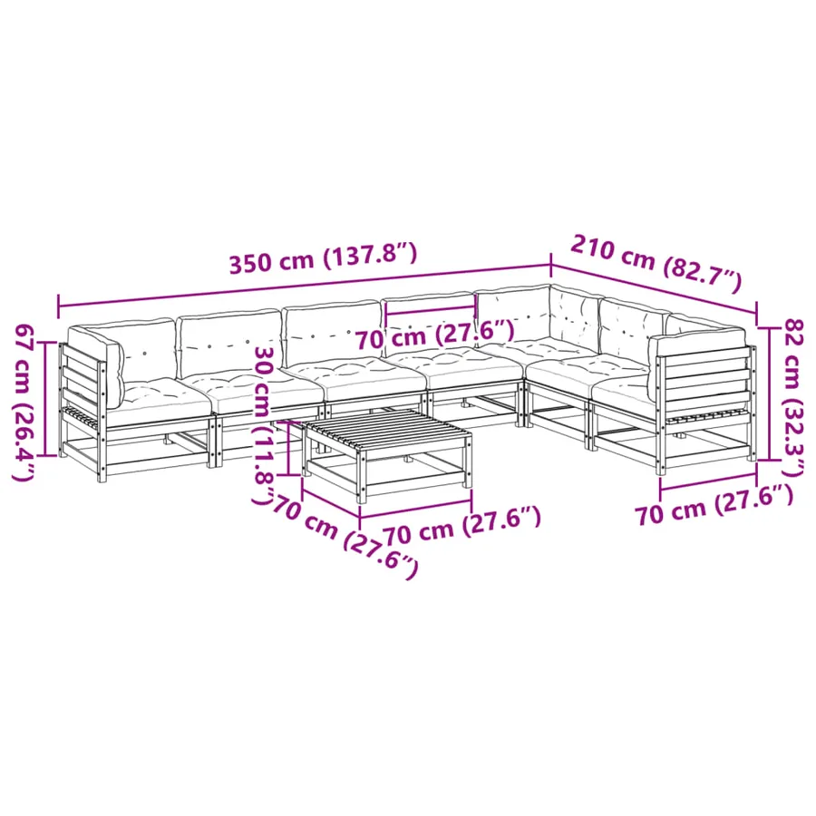 Salon de jardin 8 pcs avec coussins marron cire bois pin massif - 12