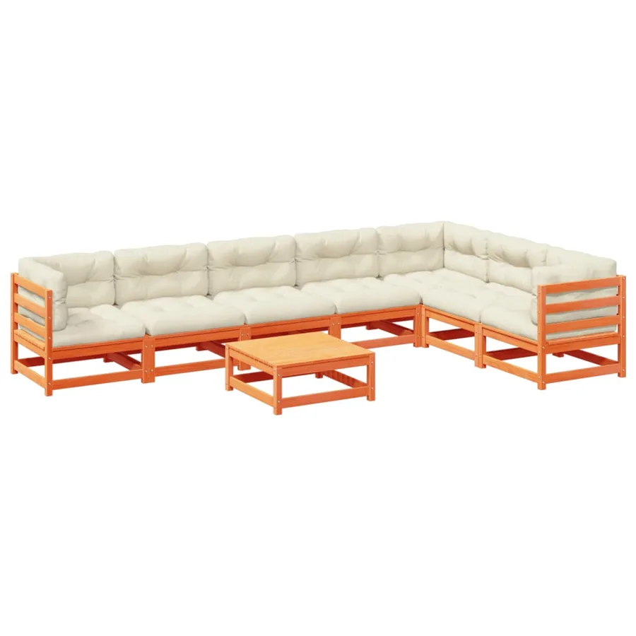Salon de jardin 8 pcs avec coussins marron cire bois pin massif - 2